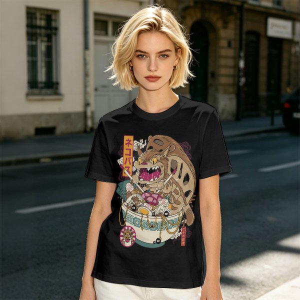 Olive t-shirt with cat bus ramen bowl graphic print