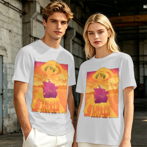One Piece Straw Hat Crew Sunset Pirate Ship Graphic T-Shirt