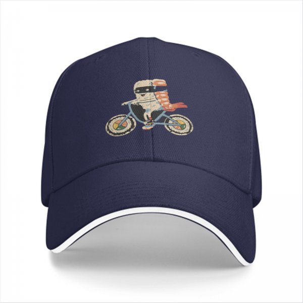 Black baseball cap with sushi ninja riding a bicycle graphic