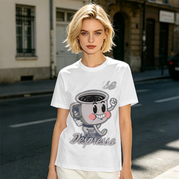 Olive green t-shirt with running espresso cup graphic and 'Less Despresso' text