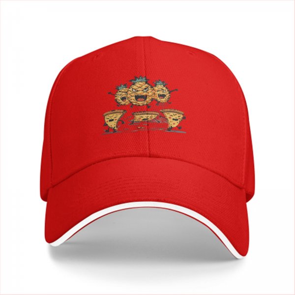 Black baseball cap with angry pineapple pizza graphic design