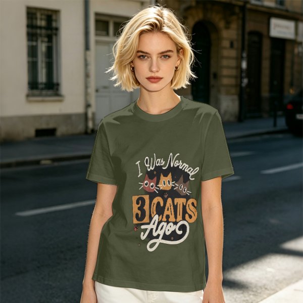 Olive Cat Lover T-Shirt With 'I Was Normal 3 Cats Ago' Print