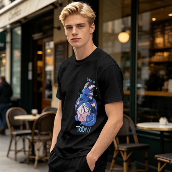 Olive T-Shirt With Sad Dragon Holding D20 Natural 1 'Like A Today' Print