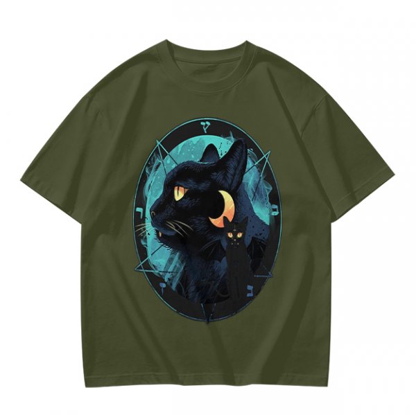 Olive T-Shirt With Black Cat And Crescent Moon Graphic