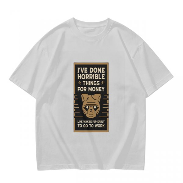 Olive T-Shirt With 'I've Done Horrible Things For Money' Cat Work Print