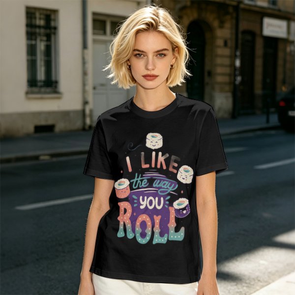 Olive T-Shirt With Cute Sushi Graphic and 'I Like The Way You Roll' Text