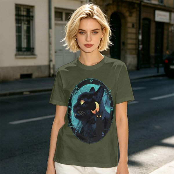Olive T-Shirt With Black Cat And Crescent Moon Graphic