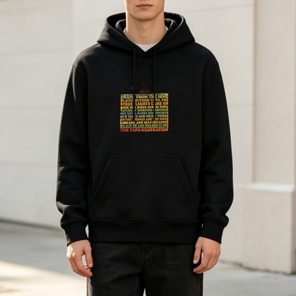 Black hoodie with nostalgic 90s childhood themed text print