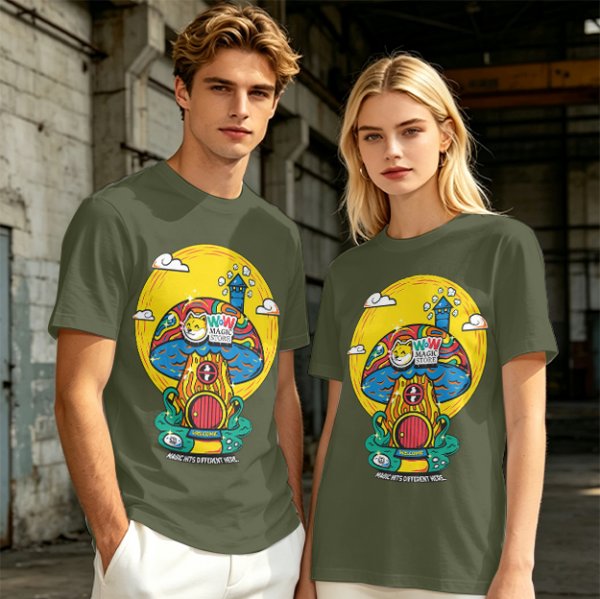 Olive T-Shirt with Trippy Mushroom House Graphic Design