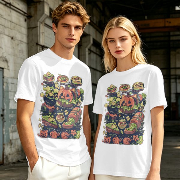 Olive T-Shirt With Halloween Themed Food And Pumpkin Cat Print
