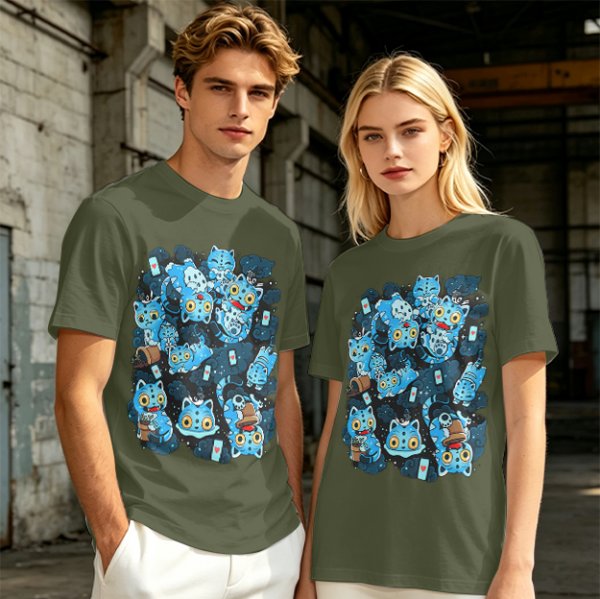 Olive T-Shirt With Playful Blue Cat Character Print
