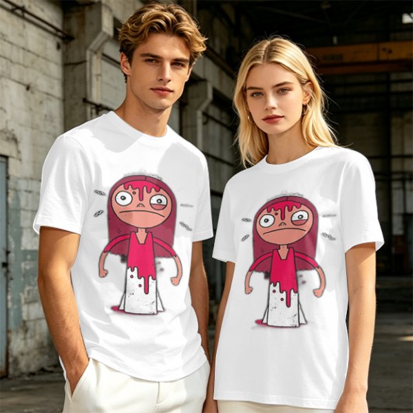 Olive Green T-Shirt With Creepy Cartoon Girl Print