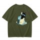 Olive T-Shirt With Black Cat Emerging From Wave Check Mark Print