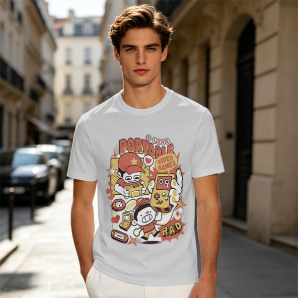 Olive T-Shirt With Retro Portable Video Games Cartoon Print