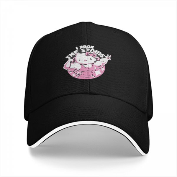 Black baseball cap with muscular Hello Kitty graphic and I Took The Stairs text