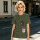 Olive t-shirt with 'Caffeine First Words Later' grumpy coffee mug print