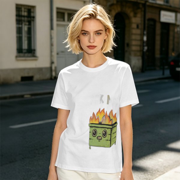 Olive Green T-Shirt With Cartoon Burning Dumpster Graphic