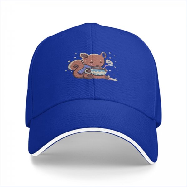 Black baseball cap with cute squirrel holding a steaming tea cup
