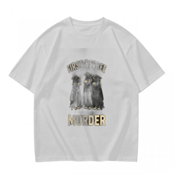 Olive t-shirt with first degree murder crow graduates graphic