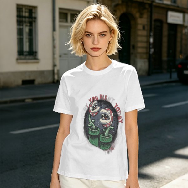 Olive T-shirt with Piranha Plant Graphic and 'You Plant Today' Text