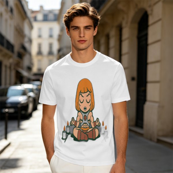 Olive T-shirt with cartoon muscular character meditating surrounded by candles