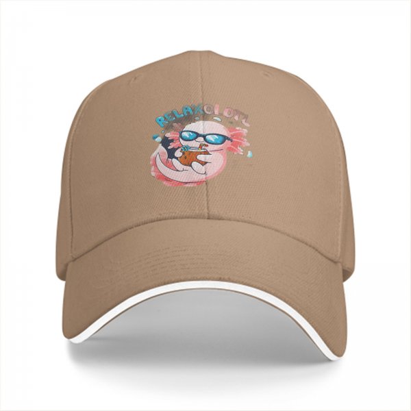 Black baseball cap with a relaxed axolotl graphic and 'RELAXOLOTL' text