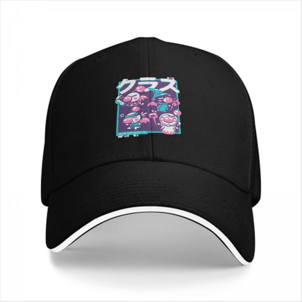 Black baseball cap with cute anime-style graphic print