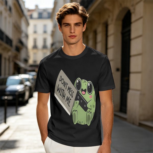 Olive t-shirt with cute frog holding knife and 'Don't mess with me' text