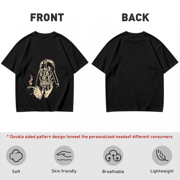 Olive T-shirt with Darth Vader holding a steaming coffee cup