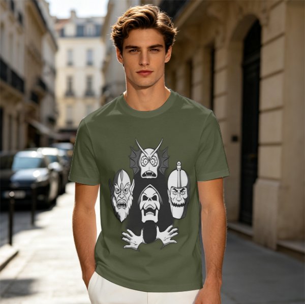 Olive T-shirt with Four Dark Fantasy Villain Heads Graphic Print