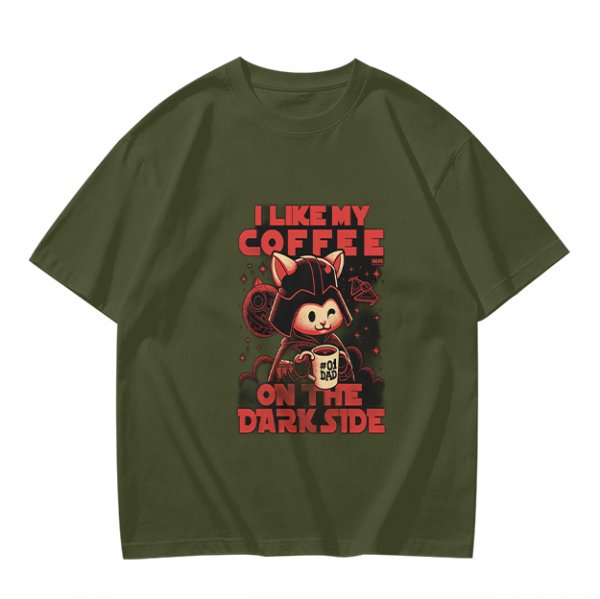 Olive T-Shirt with Cat Darth Vader 'I Like My Coffee On The Dark Side' Print