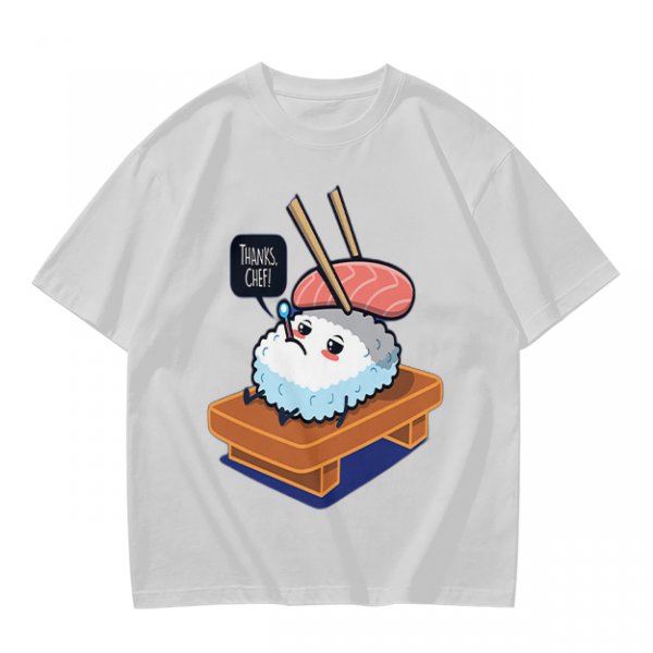Olive T-Shirt With Sad Sushi Character Saying Thanks Chef Print