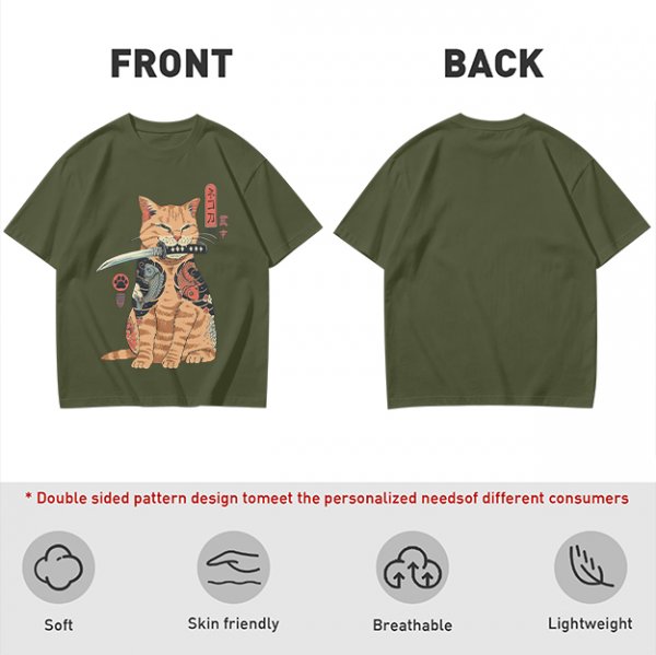 Olive T-Shirt With Samurai Cat Holding Katana And Koi Tattoos