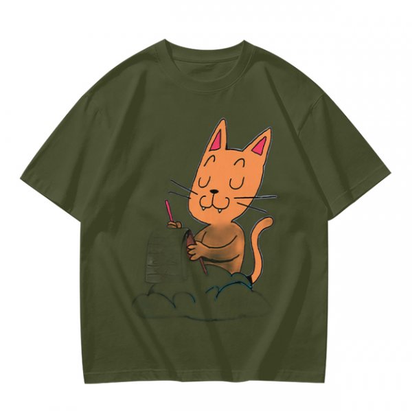 Olive T-Shirt with Cartoon Cat at Grave Print