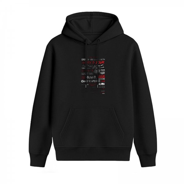 Black graphic print hoodie with world tour themed text design