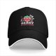 Black baseball cap with 'Berry Stressed' crying strawberry graphic