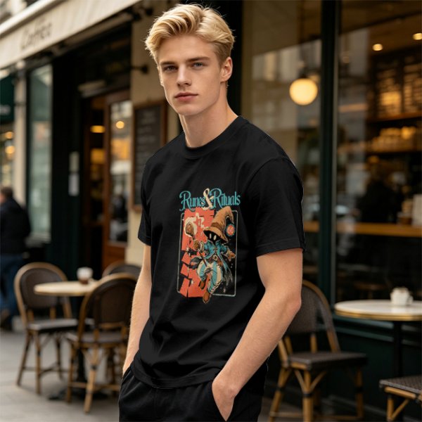 Olive Green T-Shirt With Runes & Rituals Wizard Graphic