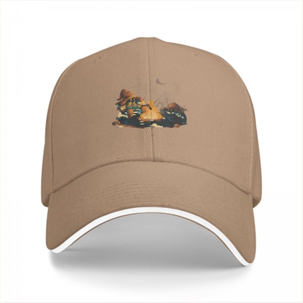 Black Baseball Cap With Campfire And Characters Graphic Print
