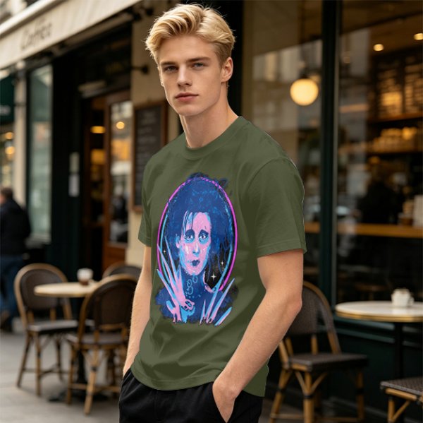 Olive T-Shirt With Neon Edward Scissorhands Portrait Print