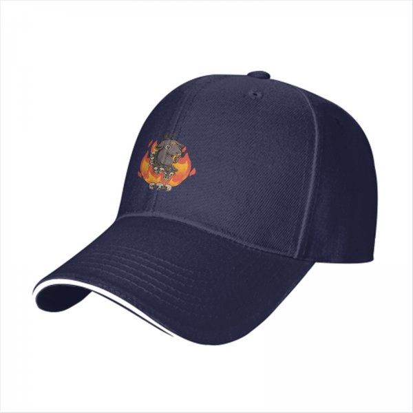 Black baseball cap with goat skulls and flames graphic