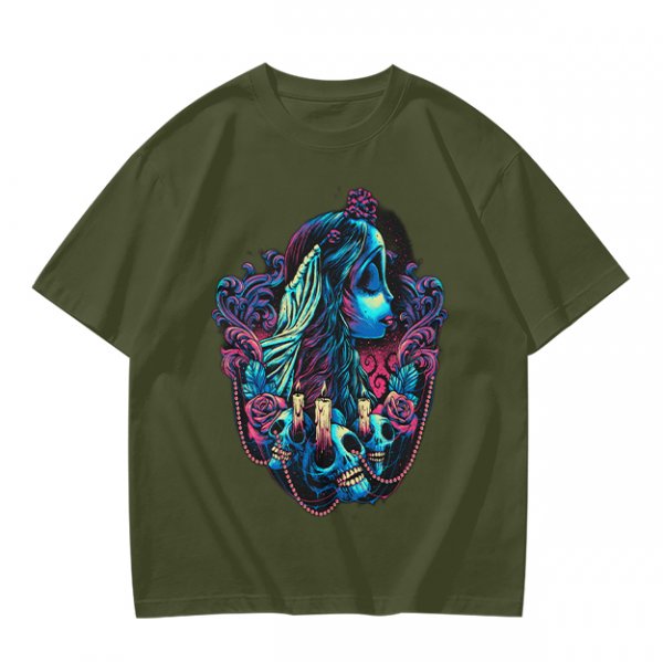 Olive T-Shirt with Gothic Corpse Bride Skull Candle Rose Print