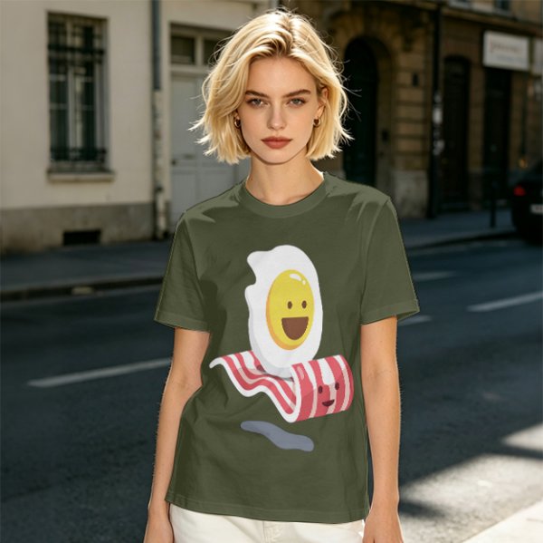 Olive T-Shirt With Happy Fried Egg And Bacon Graphic Print