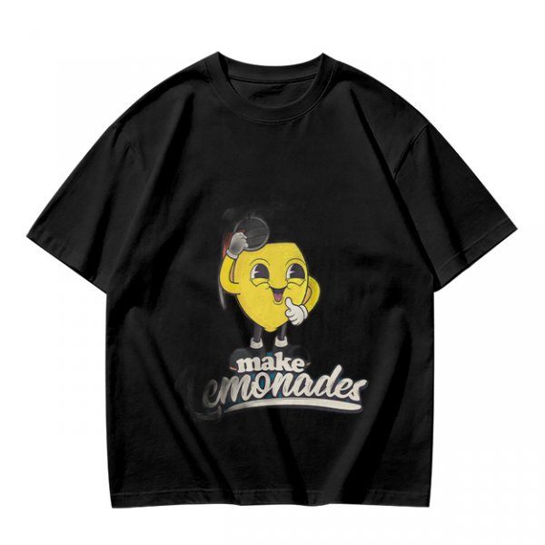 Olive green t-shirt with cheerful lemon mascot graphic and make lemonades text