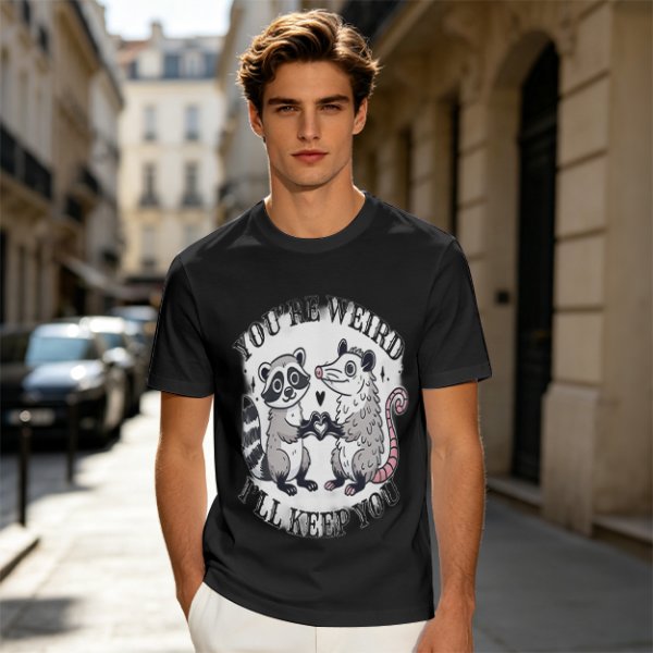 Olive T-Shirt With Raccoon and Opossum Weird Love Graphic