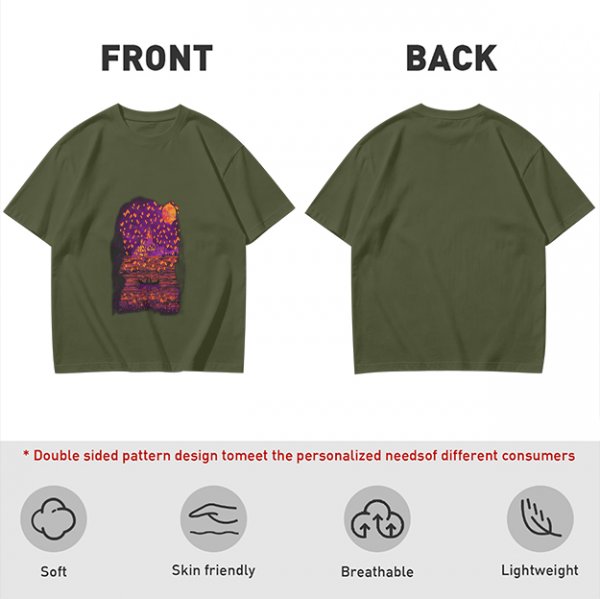 Olive T-Shirt with Purple Sunset Boat Scene Graphic