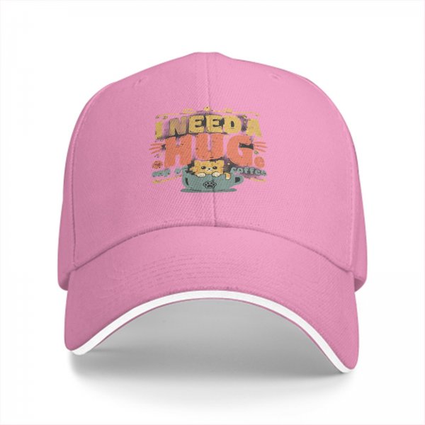 Black baseball cap with 'I need a huge cup of coffee' and cat graphic