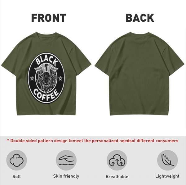 Olive green t-shirt with black goat head and Black Coffee graphic