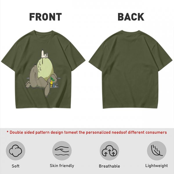 Olive T-shirt with whimsical forest spirit and small animal graphic print