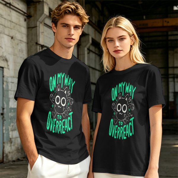 Oversized Olive T-Shirt With 'On My Way To Overreact' Cat Graphic