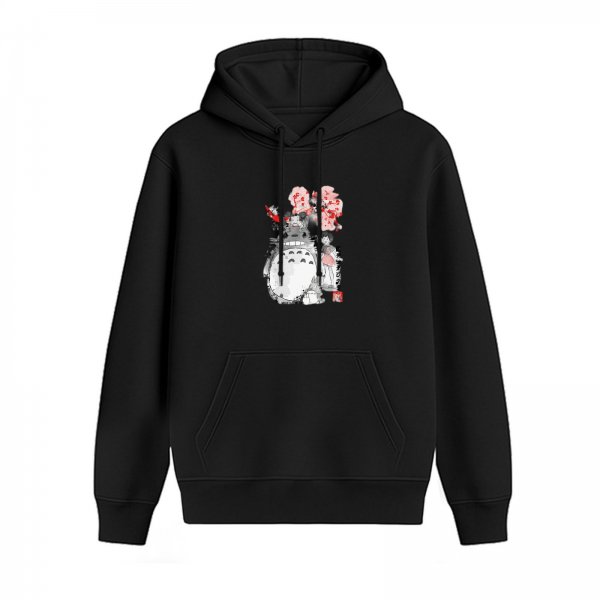 Black hoodie with Totoro and cherry blossom graphic print